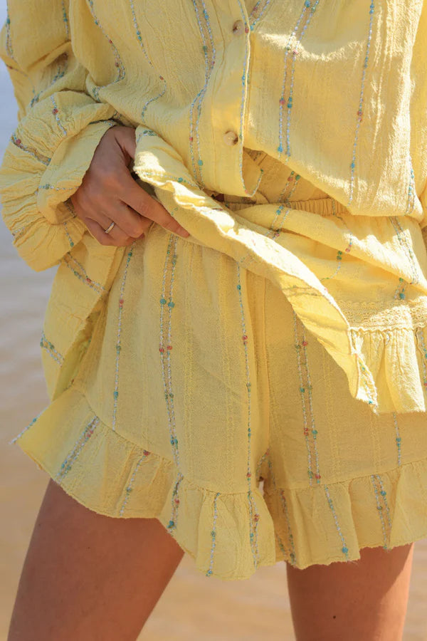 Yellow layered frill woven cotton skort with metallic and colored threads