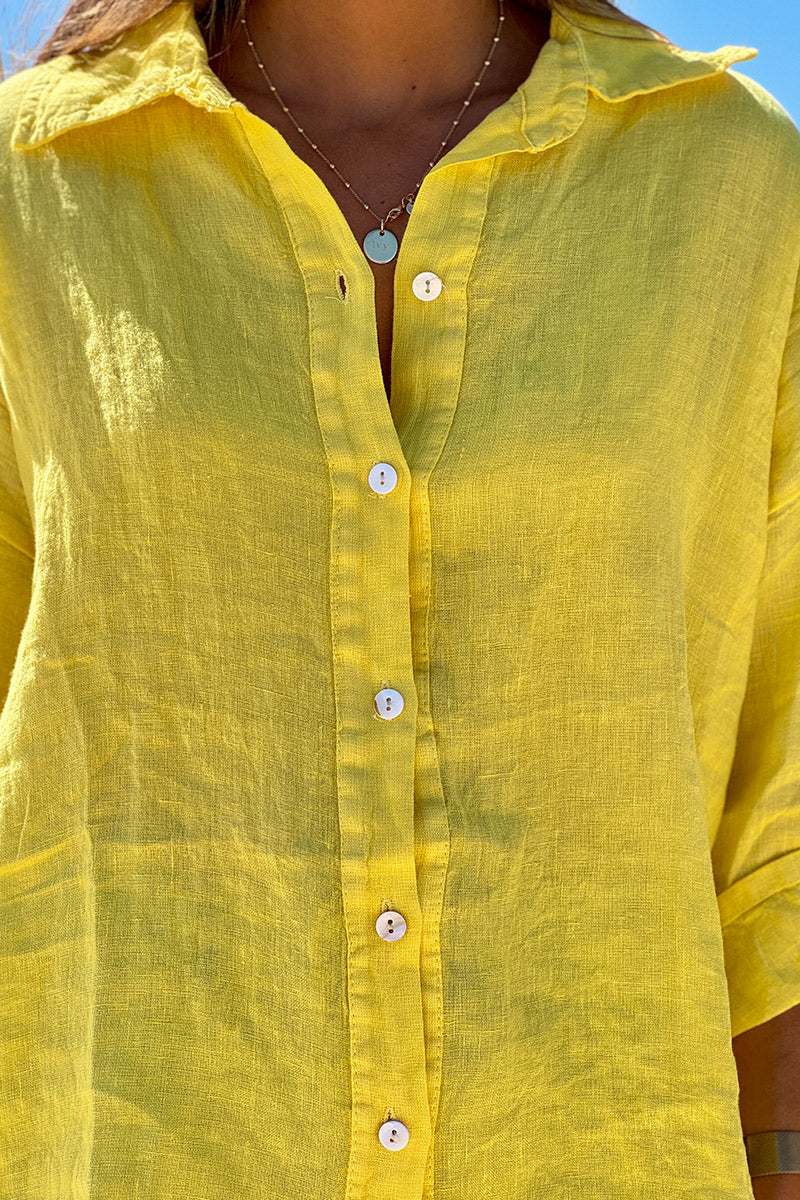 Yellow Roll-Cuff Button-Down Blouse