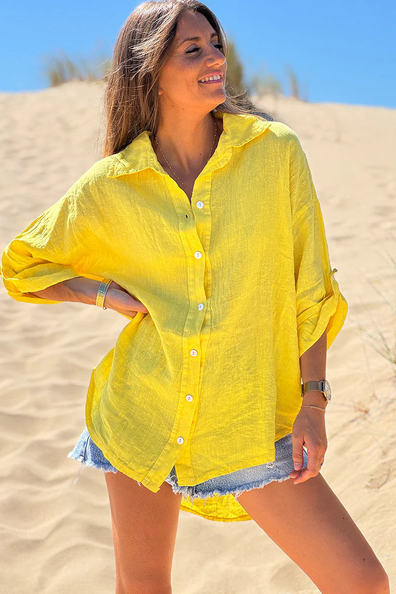 Yellow Roll-Cuff Button-Down Blouse