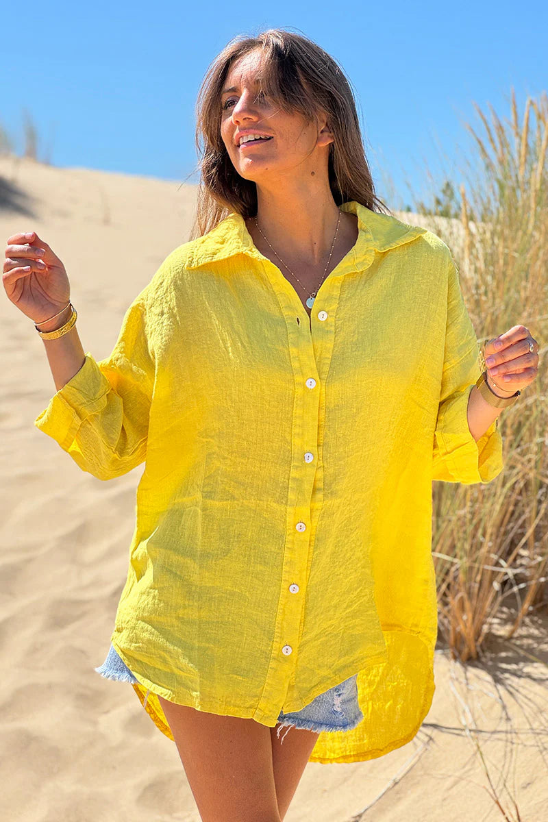 Yellow Roll-Cuff Button-Down Blouse