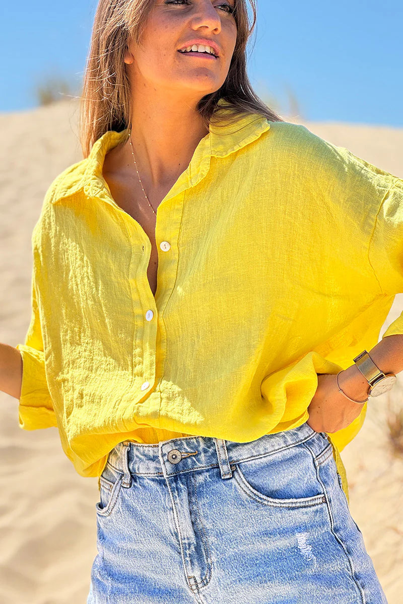 Yellow Roll-Cuff Button-Down Blouse