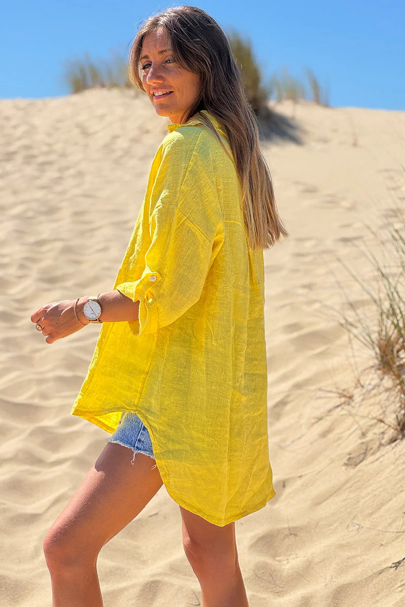 Yellow Roll-Cuff Button-Down Blouse