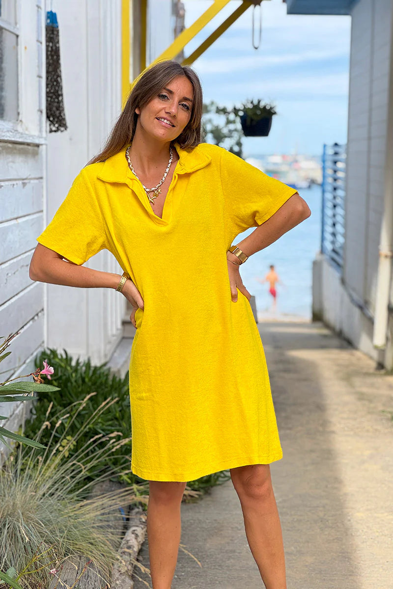 Yellow Terry Cloth Collared V-Neck Dress