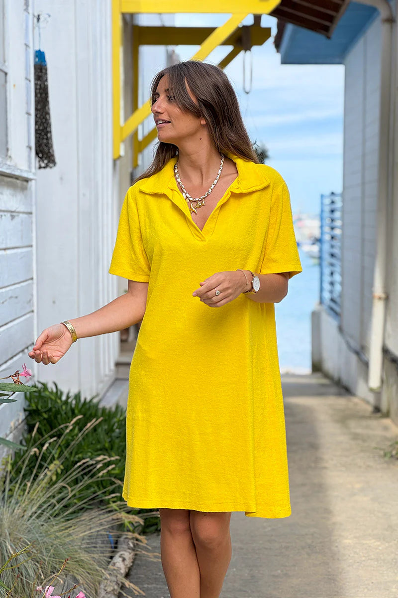 Yellow Terry Cloth Collared V-Neck Dress
