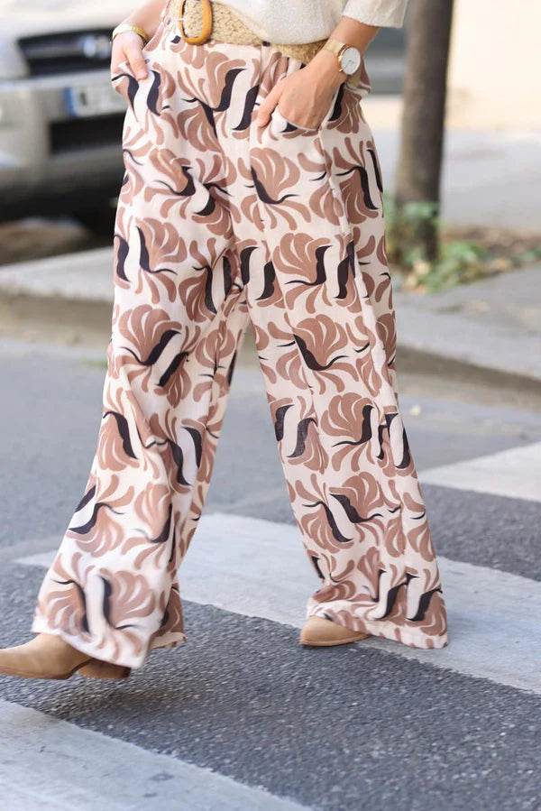 Wide Leg Linen Pants with Beige Bird of Paradise Print