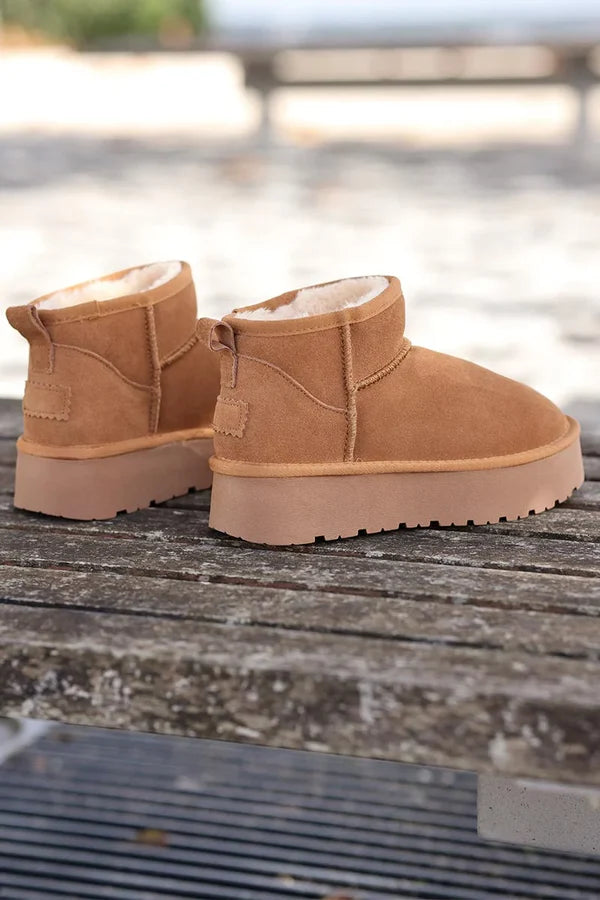 Camel leather suede flatform comfort ankle boots