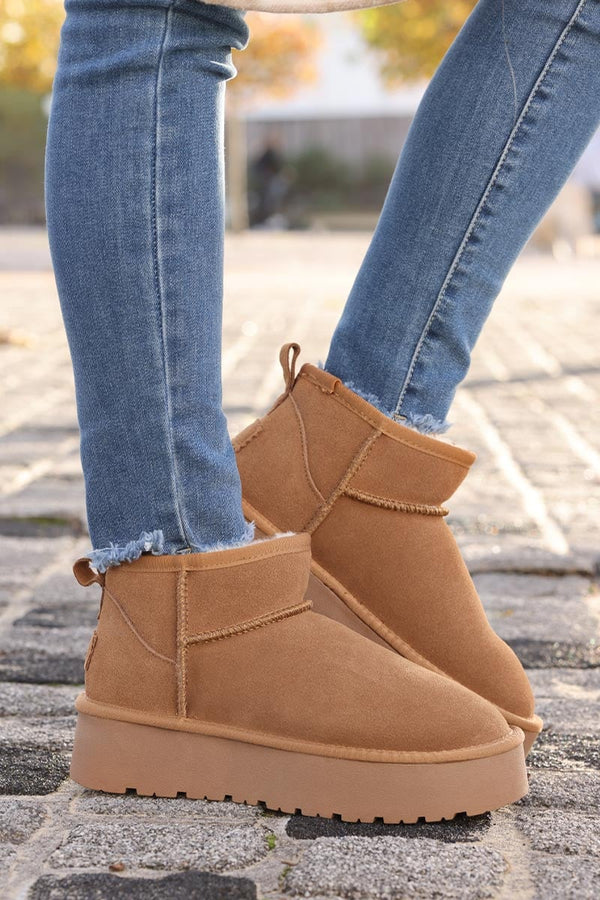 Camel leather suede flatform comfort ankle boots