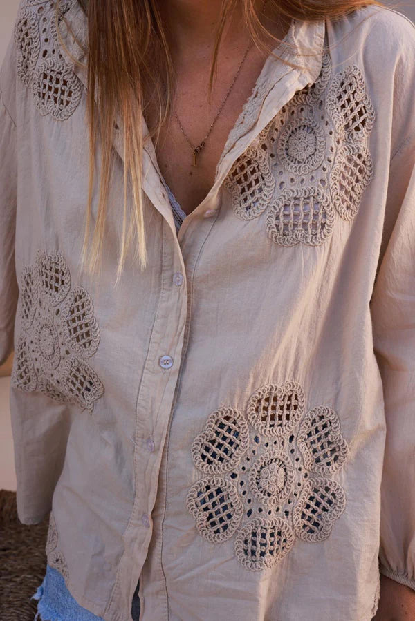 Beige Cotton Crochet Floral Inset Blouse