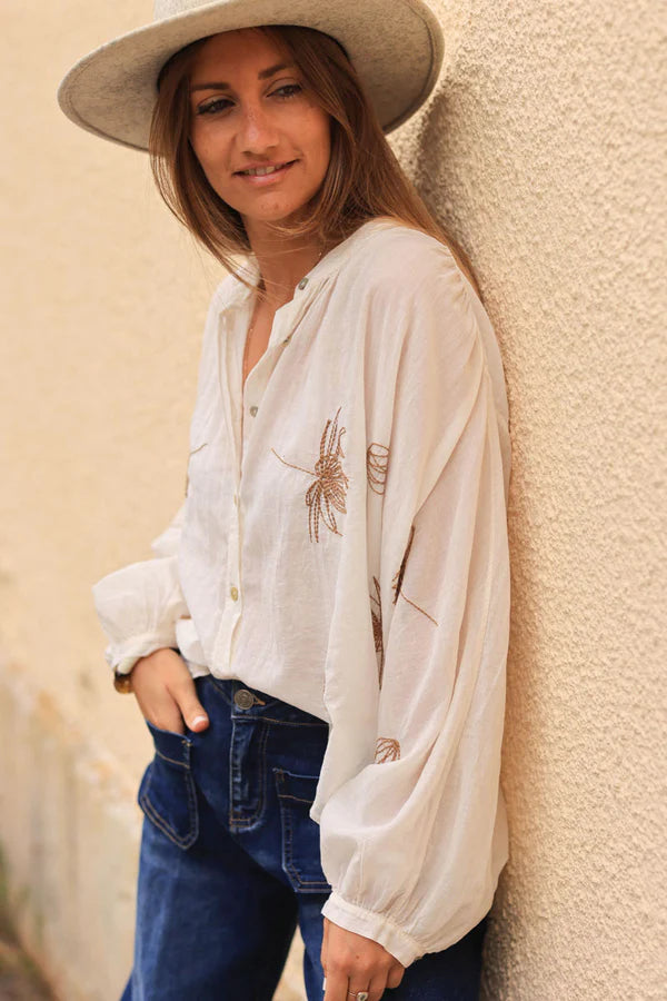 Cream oversized lightweight cotton blouse with palm tree embroidery