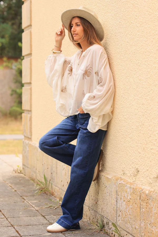 Cream oversized lightweight cotton blouse with palm tree embroidery