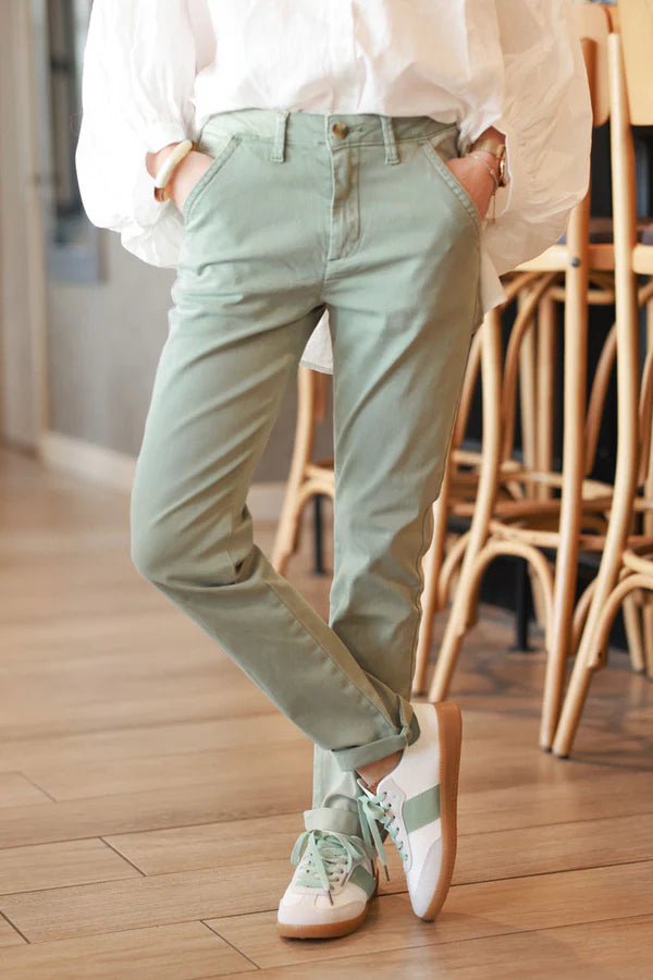 Olive Washed stretch chino pants with tortoise shell buttons