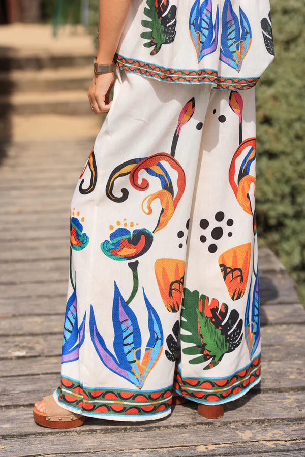 Cream Wide Leg Pants with Abstract Coloured Print