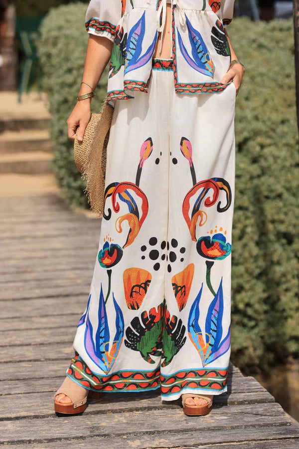 Cream Wide Leg Pants with Abstract Coloured Print