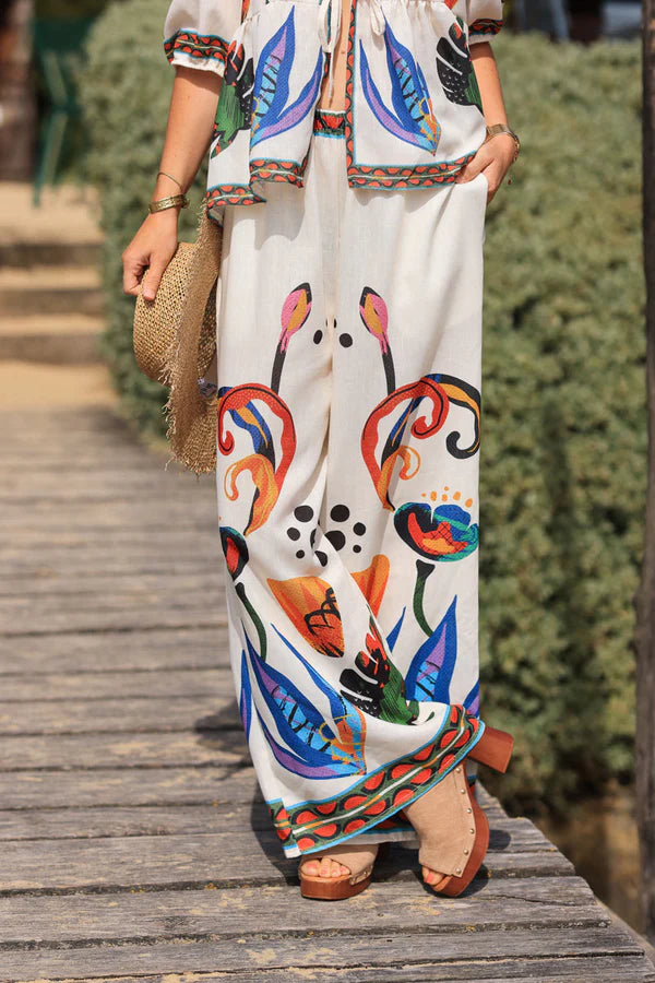 Cream Wide Leg Pants with Abstract Coloured Print