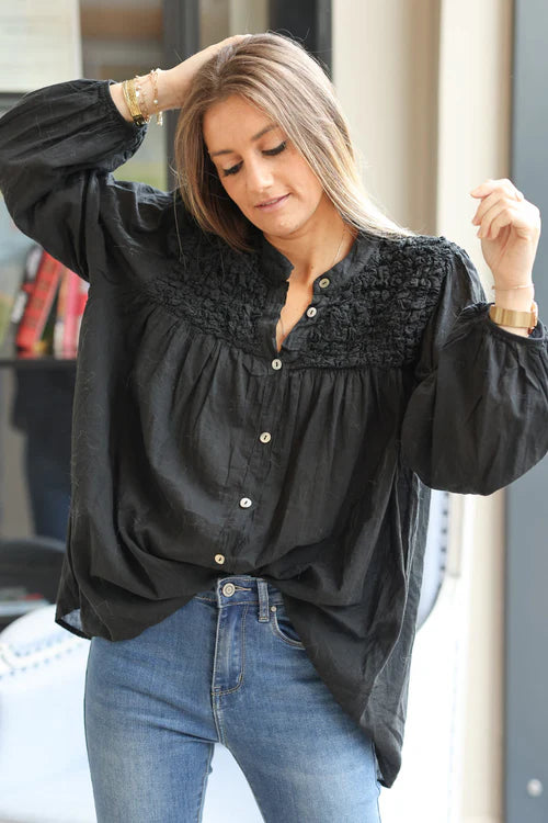 Smocked Black floaty Blouse with Mother of Pearl buttons