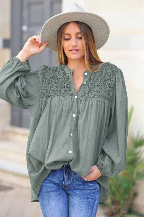 Smocked Olive floaty Blouse with Mother of Pearl buttons