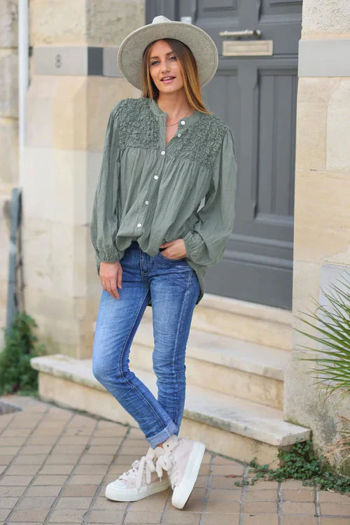 Smocked Olive floaty Blouse with Mother of Pearl buttons