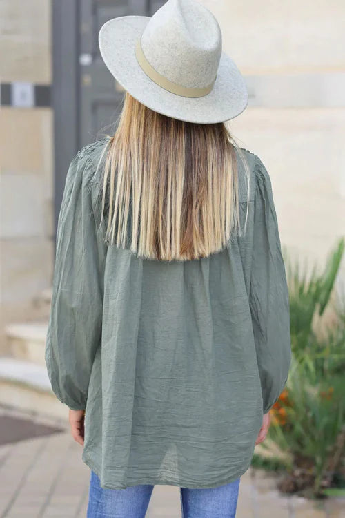 Smocked Olive floaty Blouse with Mother of Pearl buttons