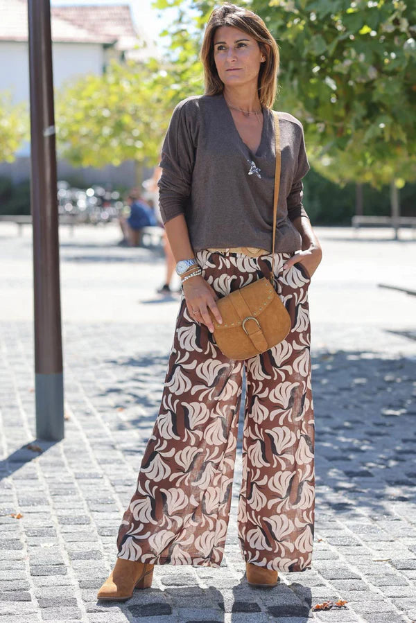 Wide Leg Linen Pants with Chocolate Bird of Paradise Print