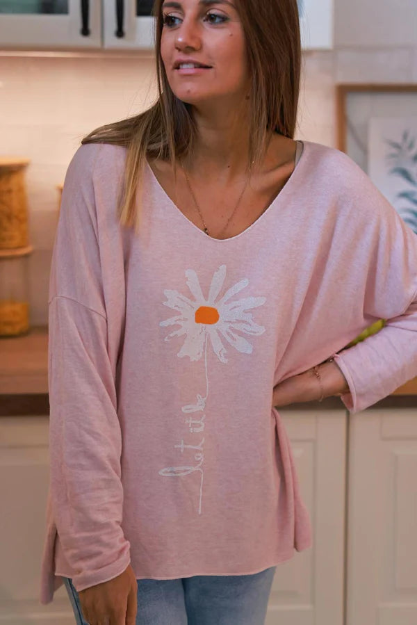 Baby Pink “Let it Be” Daisy Long-Sleeve Knit Top