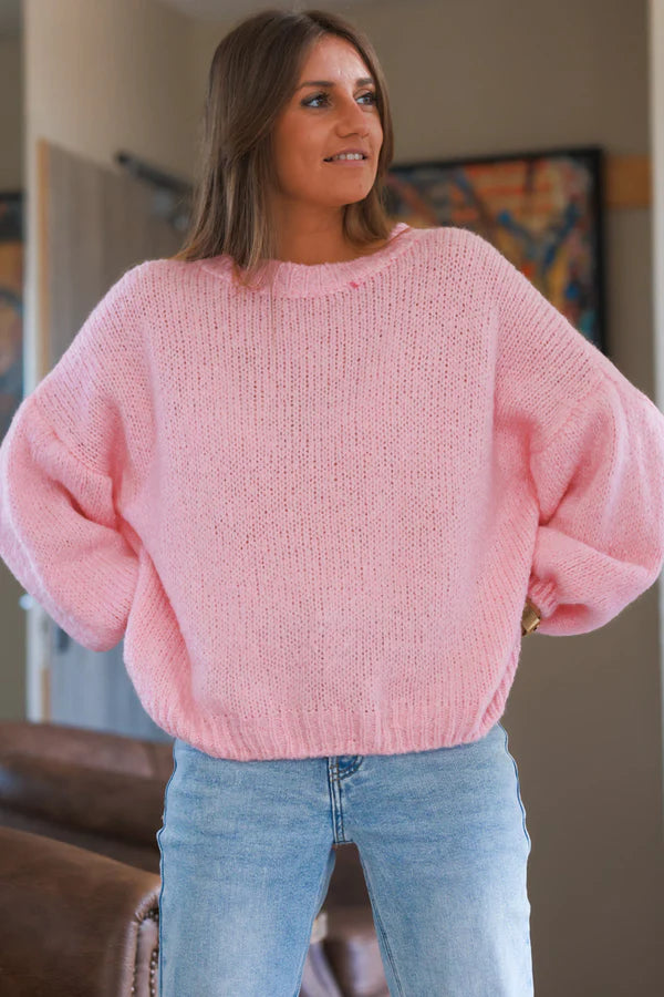 Baby Pink Wool Blend Bubble Sleeve Sweater