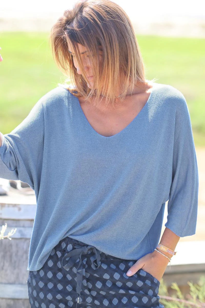 Batwing dusty blue jersey top