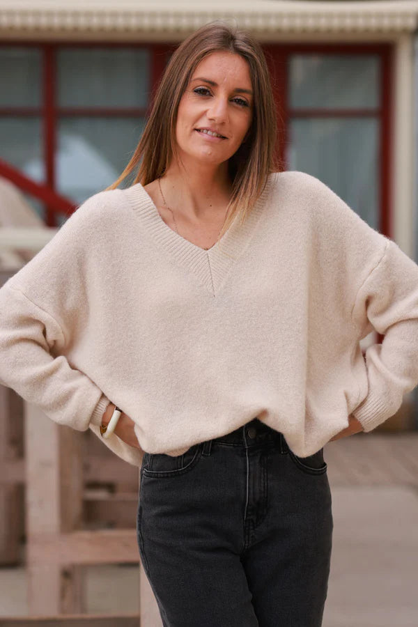 Beige Alpaca Knit V-Neck Sweater