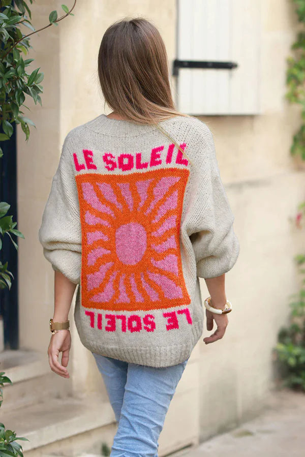 Cream Chunky Knit Sweater with Vibrant Sun Embroidery