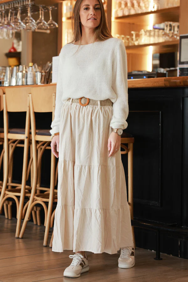 Beige Corduroy Tiered Skirt with Belt