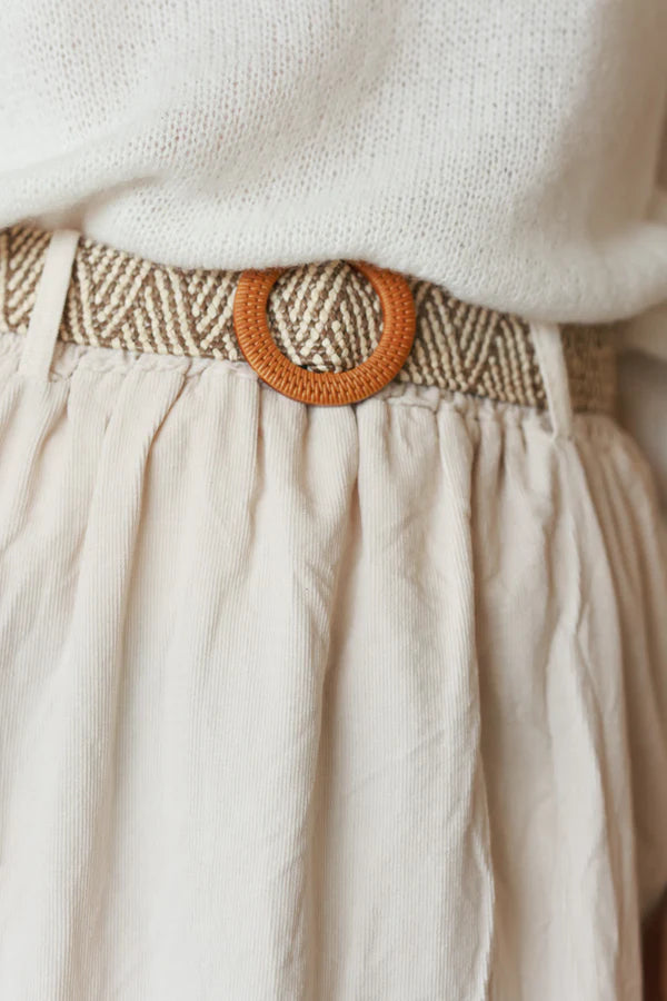 Beige Corduroy Tiered Skirt with Belt