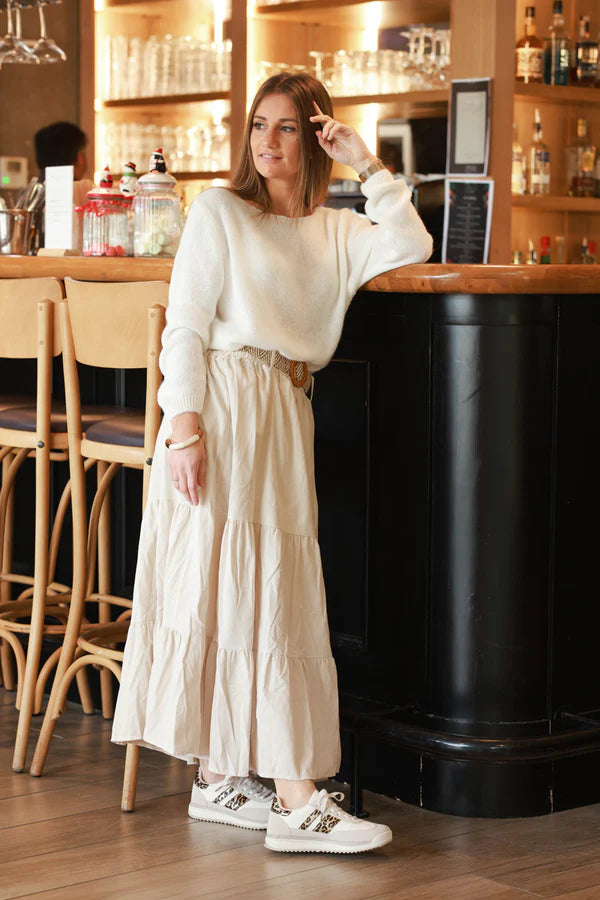 Beige Corduroy Tiered Skirt with Belt