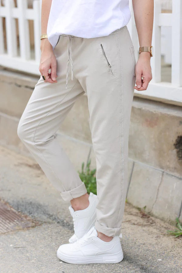 Beige Cotton Comfort Sweatpants with Silver Glitter Seams