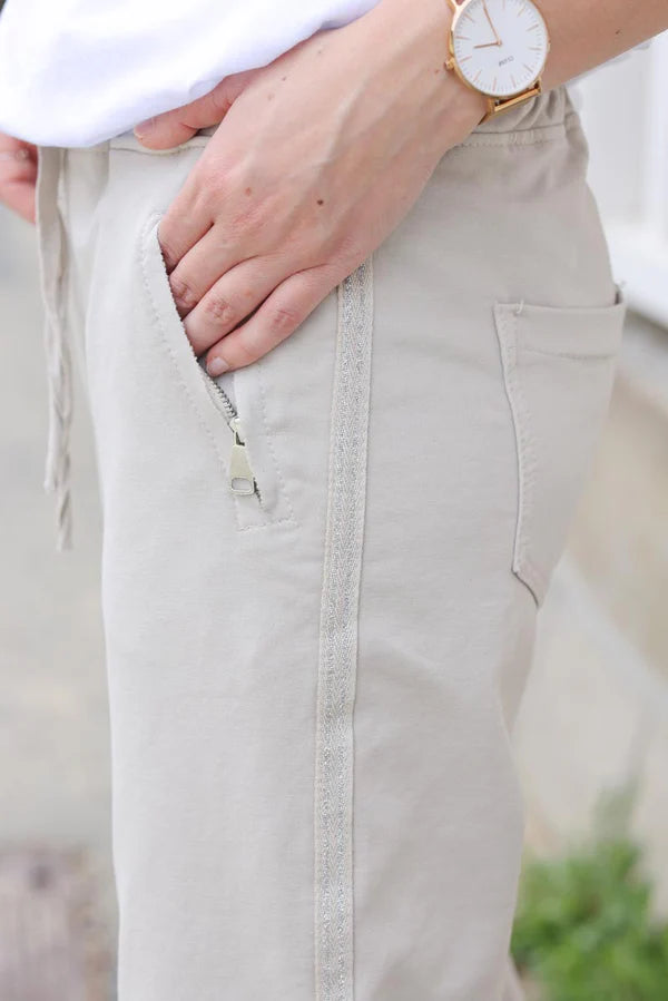 Beige Cotton Comfort Sweatpants with Silver Glitter Seams