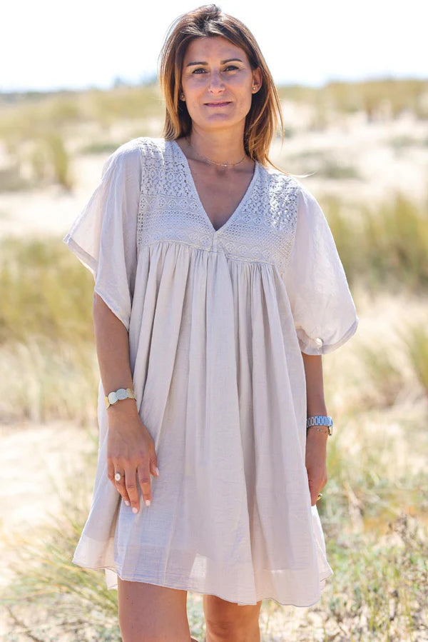 Beige floaty cotton dress with lace detail