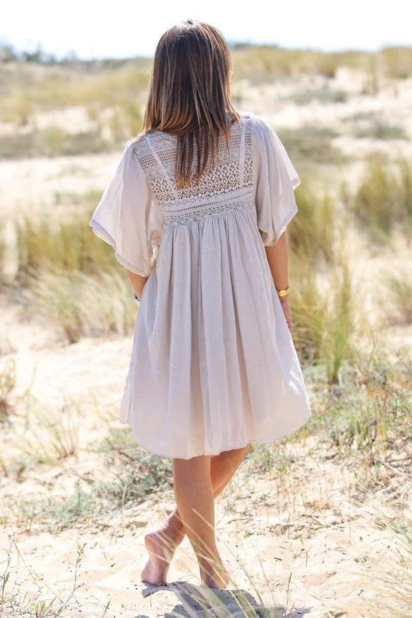 Beige floaty cotton dress with lace detail