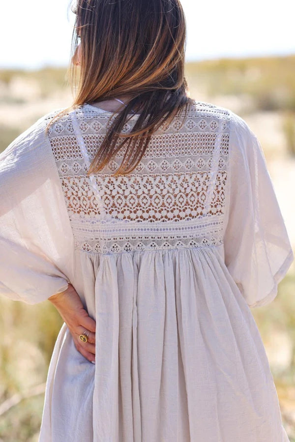 Beige floaty cotton dress with lace detail