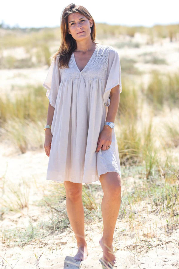 Beige floaty cotton dress with lace detail