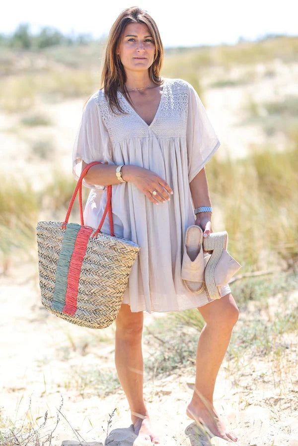 Beige floaty cotton dress with lace detail