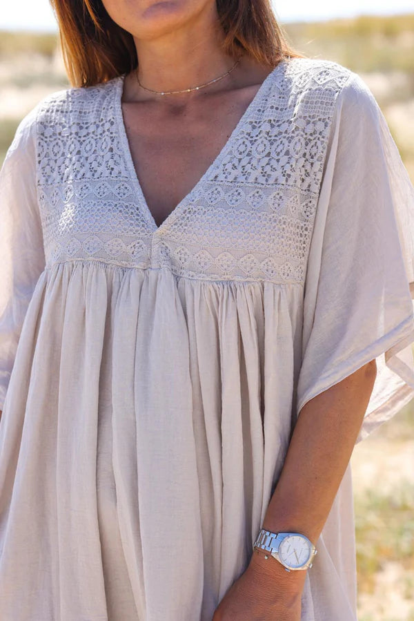 Beige floaty cotton dress with lace detail