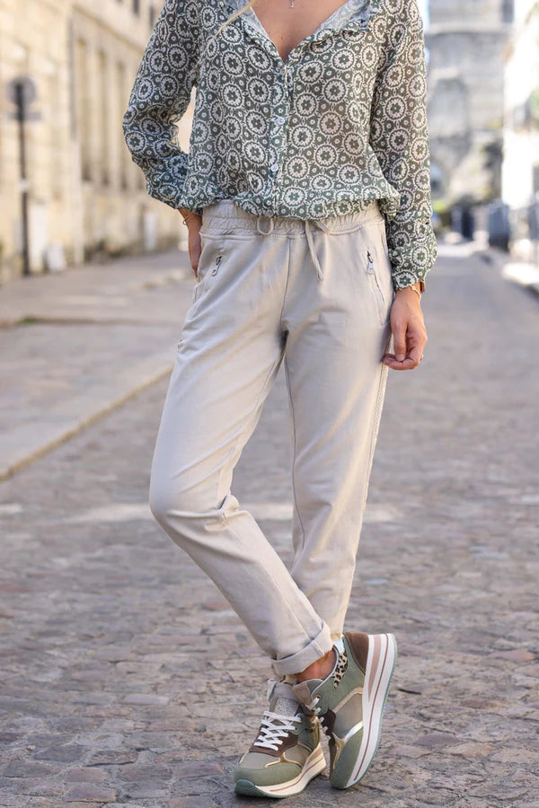 Beige Cotton Sweatpants Bottoms with Embroidered Cheveron Outseams