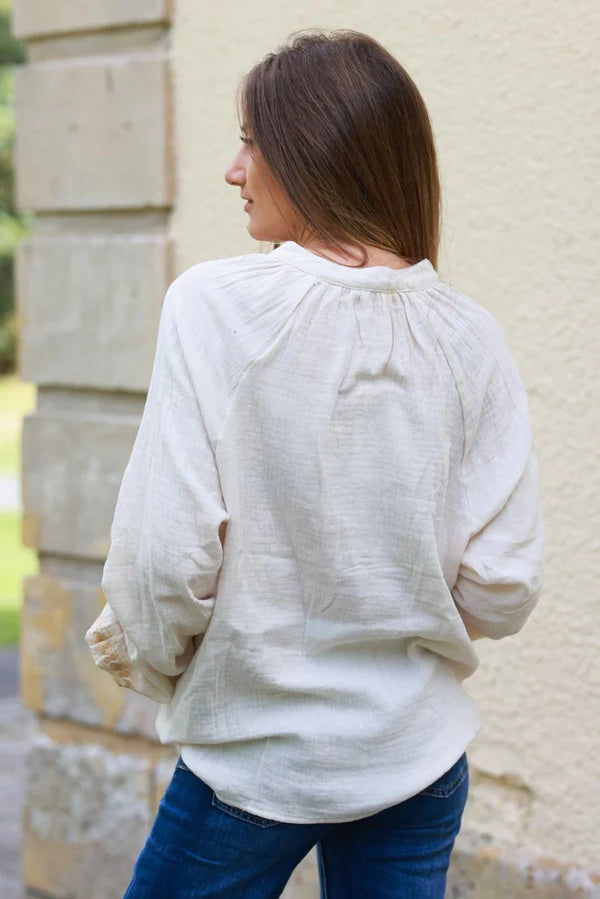 Talulah Beige Embroidered Cotton Peasant Blouse