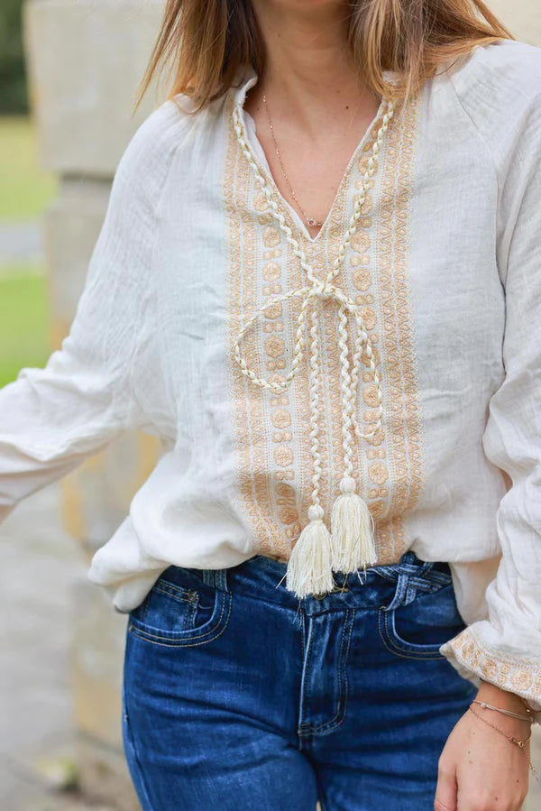 Talulah Beige Embroidered Cotton Peasant Blouse