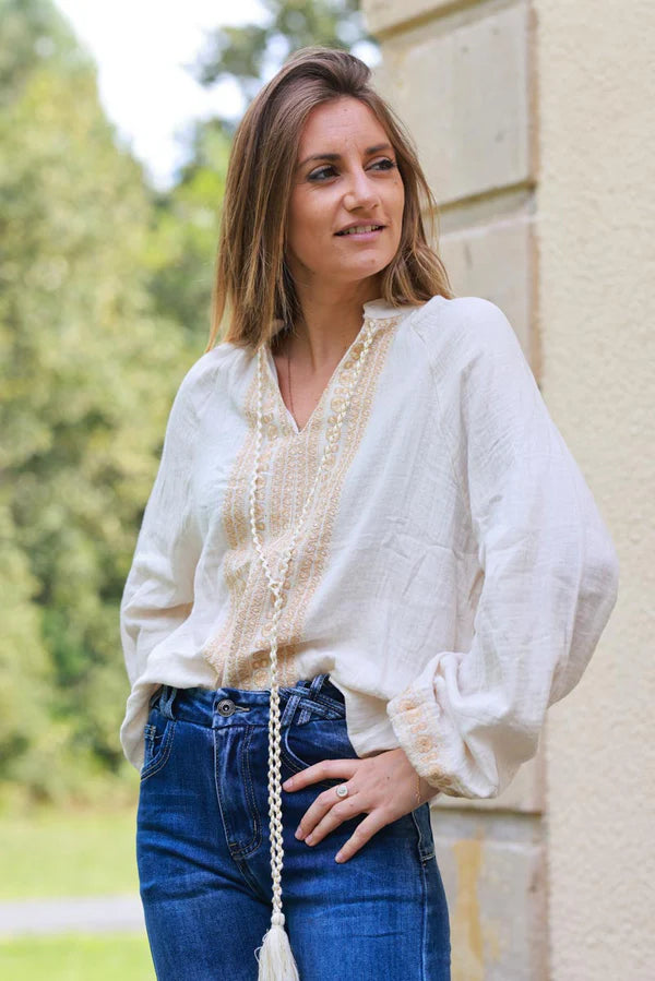 Talulah Beige Embroidered Cotton Peasant Blouse