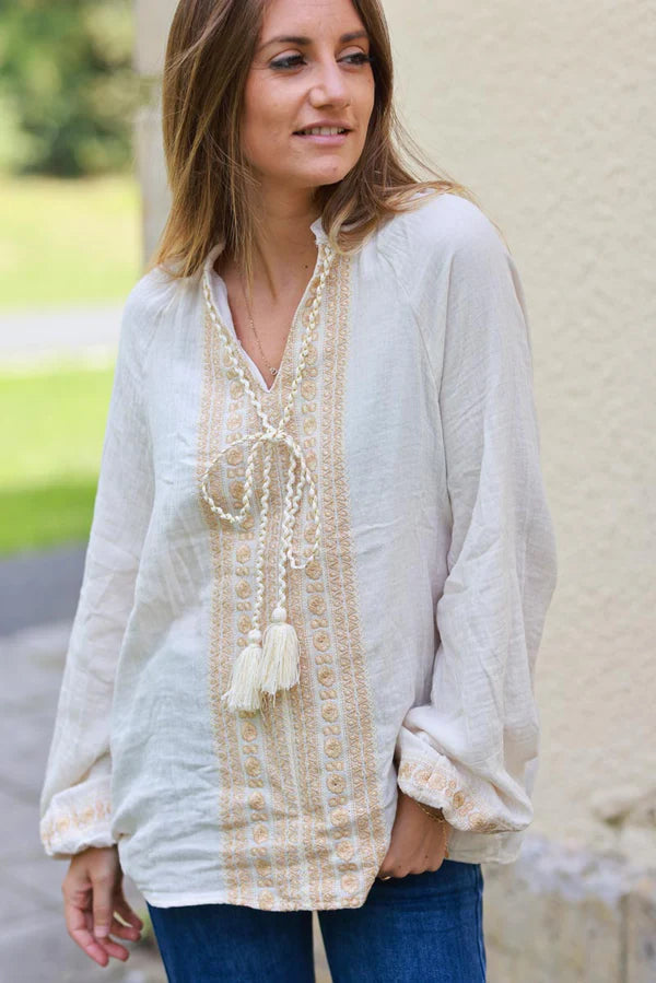 Talulah Beige Embroidered Cotton Peasant Blouse