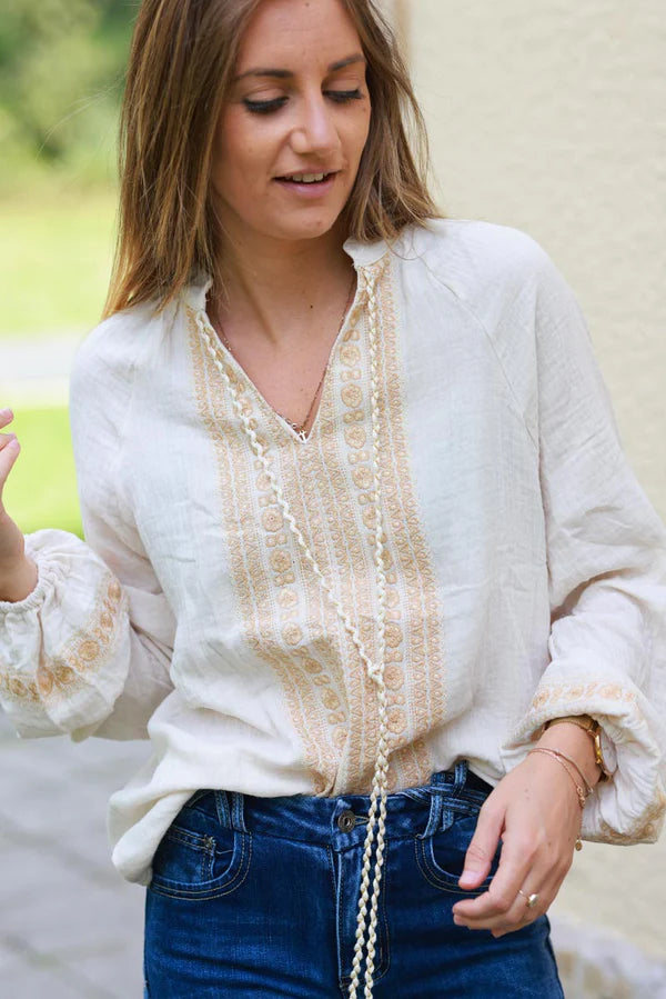 Talulah Beige Embroidered Cotton Peasant Blouse