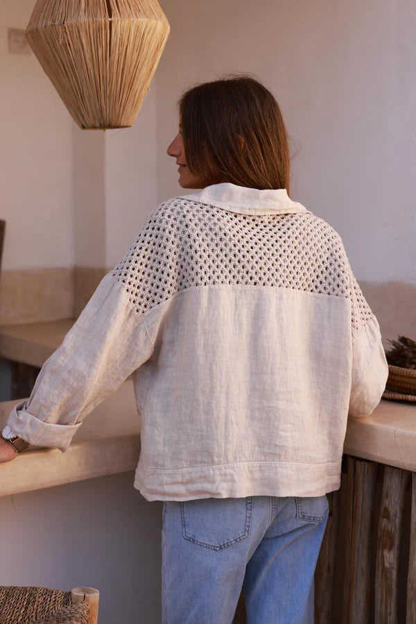 Beige Embroidered Crochet Linen Jean Jacket