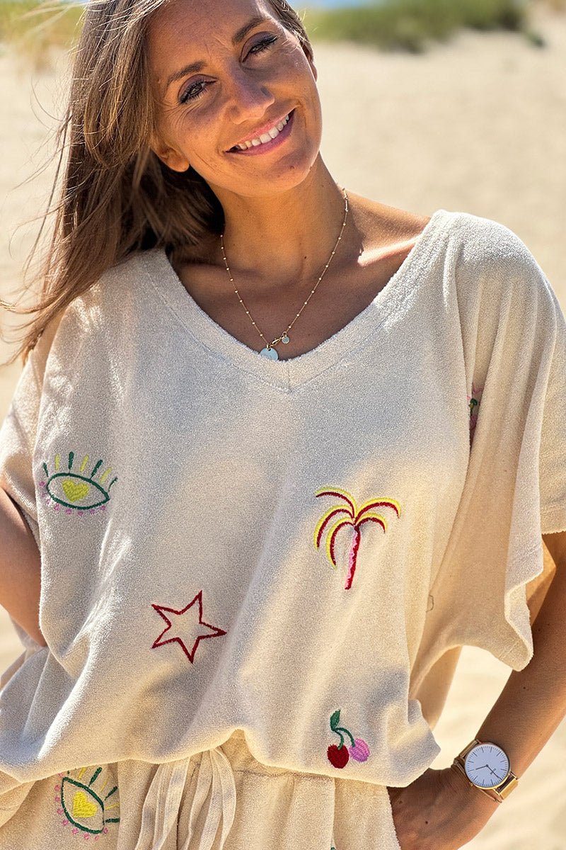 Beige Embroidered Terry V-Neck Top