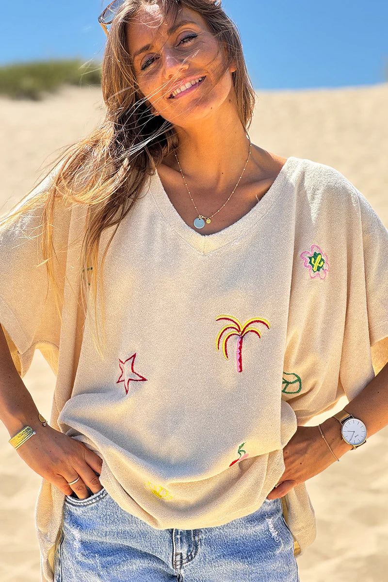 Beige Embroidered Terry V-Neck Top