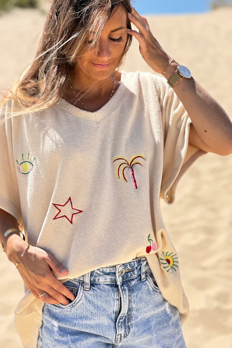 Beige Embroidered Terry V-Neck Top