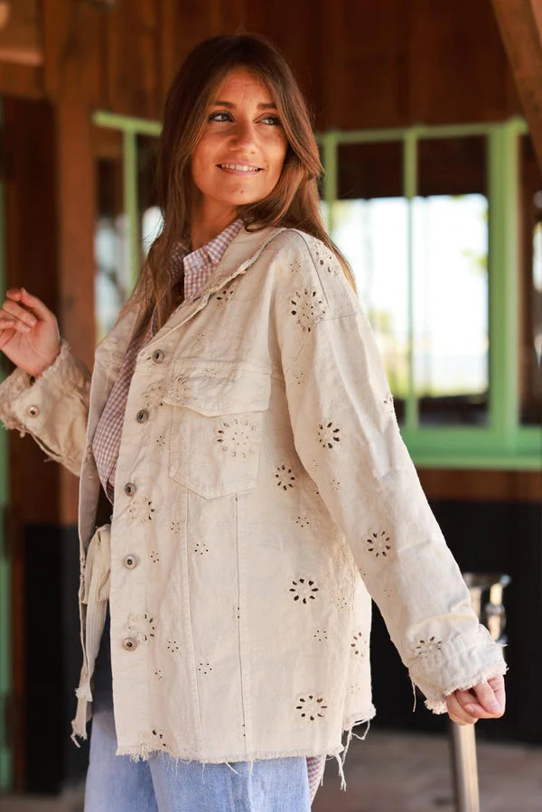 Beige Eyelet Motif Utility Jacket